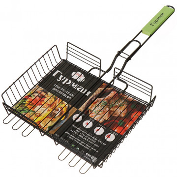 Решетка барбекю 300х240х50 мм, Гурман, Люкс, хром, антипригарное покрытие, рукоятка дерево, 22002NS