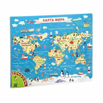 Пазл "карта животные мира" 65 деталей, 37*25 см "bondibon" вв4662