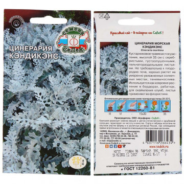 Семена Цветы, Цинерария, Кэндикенс, 0.1 г, листья пальчатораздельные, серебристые, цветная упаковка